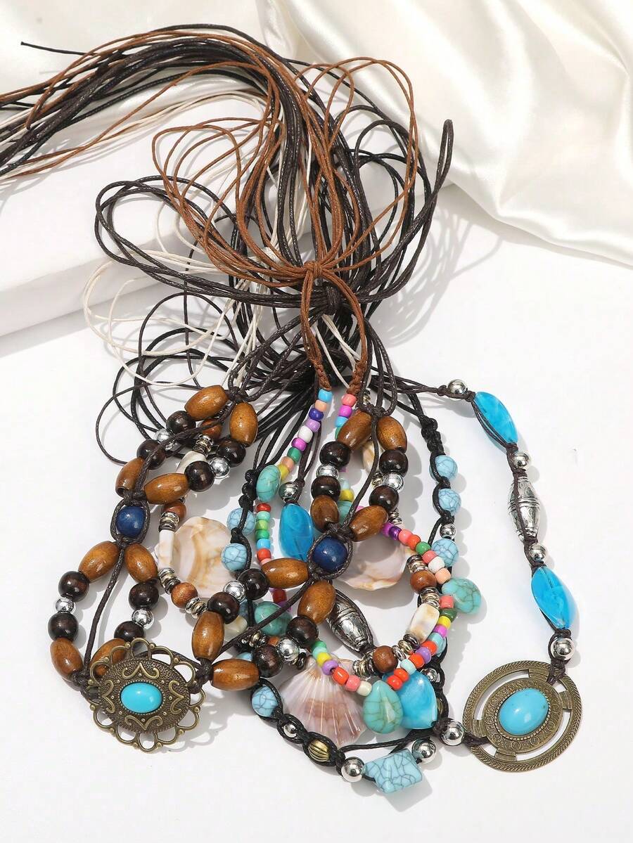 1Pc Bohemian Beaded Headband Natural Shell Wood Bead Tassel Hair Band Beach Vacation Braided Hair Accessories - Multicolor - View 1