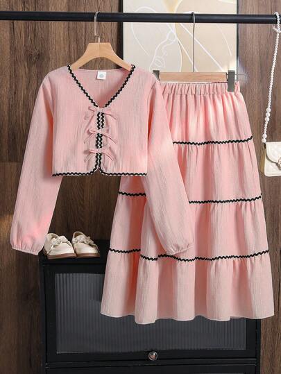 Left Mama 女童优雅简约蝴蝶结装饰长袖上衣和半裙套装，春秋季