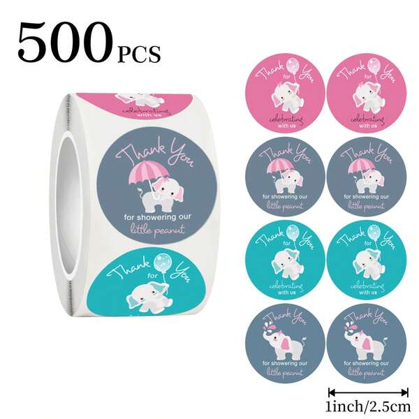 500 Stück/Rolle süße Elefanten Aufkleber, Tier Elefant Dankeschön Aufkleber für Baby Shower, Geschlechtsoffenbarung, Hochzeit, Party, Geburtstag Geschenkverpackung, Hochzeitsdekoration, Abschlussfeier Dekorationen, Brautjungferngeschenke, Ostergeschenke