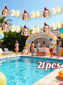 7/14/21pcs Customized Photo Text 30th Birthday Face Banner Decor Personalized Repeated Face Age Number Banner Birthday Party Decoration Backdrop - Multicolor - View 10