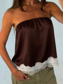 Awevudst Women Lace Trim Satin Tube Tops Loose Summer Bandeau Tank Tops Beachwear Party Clubwear Going Out Tops - 巧克力色 - 查看 2