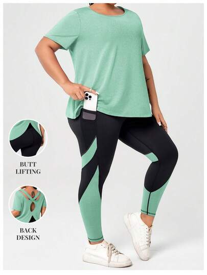Rhythm Era Plus Size Women Sports T-Shirt And Mesh Splice Yoga Leggings (With Phone Pocket) Fitness Set Summer