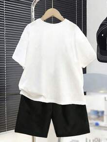 1 Set Short Sleeve Round Neck T-Shirt And Shorts With Horse Rider Print, Suitable For Teenage Boys, Ideal For Vacation, Streetwear And School Uniform - White - View 2