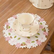 4pcs Floral Embroidered Placemats, Polyester Fiber Rectangle & Oval Shape Handmade Cutout Heat Insulation Placemats, Suitable For Dining Table, Coffee Table, Everyday Home Use And Wedding Party Holidays - Pink - View 9