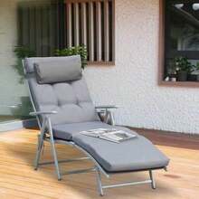 Sun Lounger, Beach Chair, Garden Lounger, Foldable, Adjustable With Cushion, Metal And Fabric Frame, Grey, 137 X 63.5 X 100.5 Cm - Grey - View 2