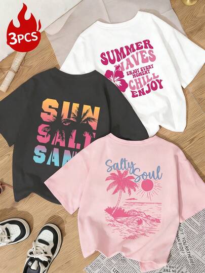3pcs Women's Casual Colorful Letter, Palm Tree & Floral Print Round Neck Short Sleeve T-Shirt Set, Fashionable & Versatile, Suitable For Women's Daily Tops, Holiday Leisure And Spring Vacation