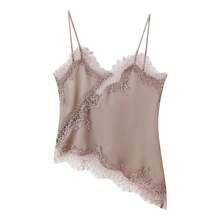 Women Satin Lace Camisole Top Sleeveless Spaghetti Strap Silk Lace Trim Cami Top Asymmetrical Tank Top Streewear - Nâu nhạt - Xem 3