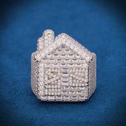 Exaggerated Luxury White Gold Plated Fully Paved Cubic Zirconia House Shaped Men's Hip Hop Punk Ring