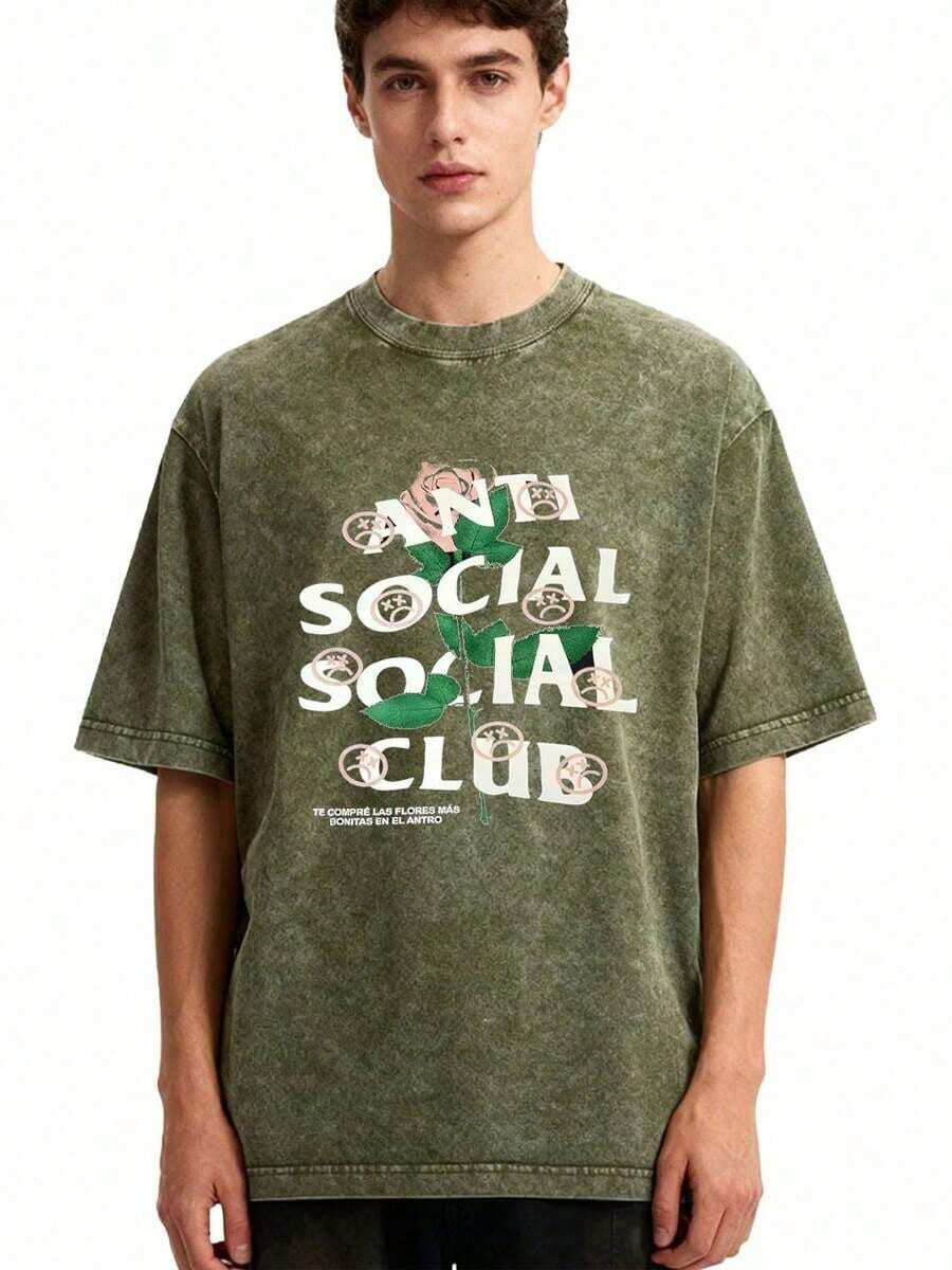 2026 Summer Tops1pc Retro Water Washed T Shirts, Artistic Graphic Featuring A Blooming Rose Intertwined With Bold Anti Social Club Text Symbolizing Contrast Between Beauty And Isolation Vintage 100% 230g Pure Cotton Casual Tee For Men,Street Y2K, Summer Tops, New Year Gifts,UnisexLoose And Comfortableshirt - 軍綠色 - 查看 1