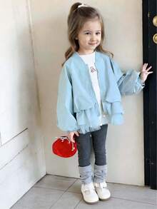 女童可爱夹克，春秋长袖时尚复古连帽衫，儿童轻便网眼拼接风衣 - 藍色 - 查看 4