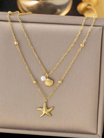 1pc Casual Double Layer Shell & Starfish Pendant Necklace, Suitable For Women, Beach And Resort Wear, No Gift Box Included