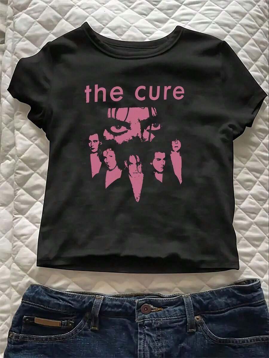 Y2K-Style Women's Cropped Top. Rock Band Graphic Black Short-Sleeve T-Shirt - 黑色 - 查看 1