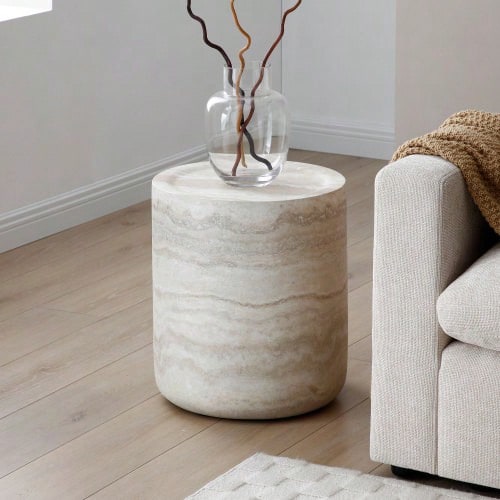Compact Fiberglass Side Table - Textured Cylinder Design In -, Modern Accent Table For Living Room & Bedroom 40*40*45 - Beige - View 1