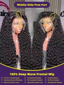 CEXXY 13x6 Deep Wave Lace Front Wig Made Of Human Hair, Pre-Plucked, Bleached Knots, 200% Density, Deep Curls, Natural Hair Color, Pre-Plucked, Pre-Cut, HD Lace Front Wig, Human Hair Wig For Women, Brazilian Human Hair, Deep Wave, Pre-Plucked Human Hair Wig, Lace Front Wig - Natural Black - 查看 6