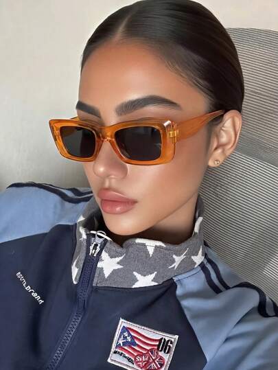 女士长方形橙色时尚眼镜，男士塑料休闲装饰日常Y2K时尚眼镜