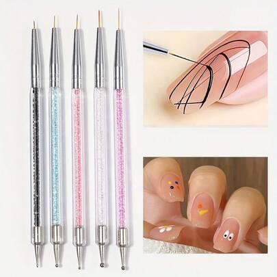 5PCs Dual-Purpose Nail Pen Point Drill Pull Pen Painted Crystal Pen Sticky Drill Jewelry Brush Nail Tools
