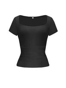 Áo dệt kim ôm sát gợi cảm dành cho nữ Vaiaye, màu trơn, cổ vuông, kiểu dáng thường ngày, màu đen, thích hợp cho mùa xuân/hè. - màu đen - Xem 3