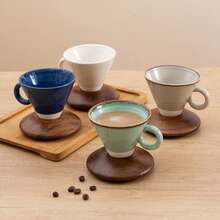 一套150毫升/5盎司独特锥形设计咖啡杯，配相思木杯垫，复古反应釉陶瓷咖啡杯碟套装，适用于家庭、餐厅、聚会和办公室。 - 彩色 - 查看 5