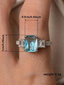 1枚优雅立方氧化锆戒指，女士珠宝礼物，适合婚礼、订婚、周年纪念、情人节等场合 - 藍色 - 查看 5