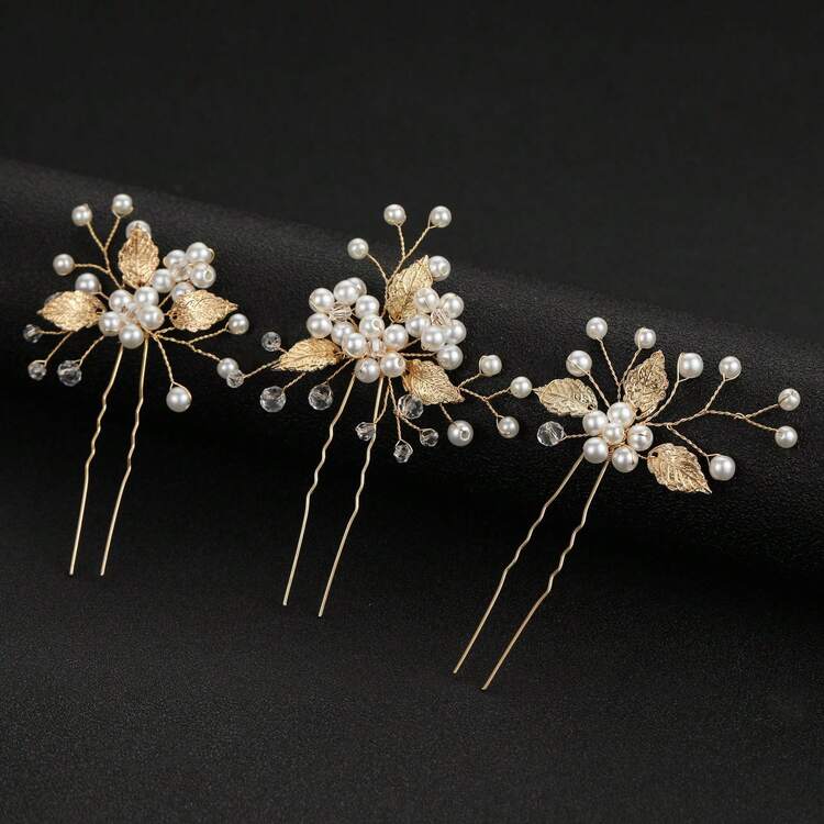 7件套手工白珍珠合金叶子花朵装饰发夹套装，新娘婚纱发饰，优雅情人节配饰 - 金色 - 查看 3