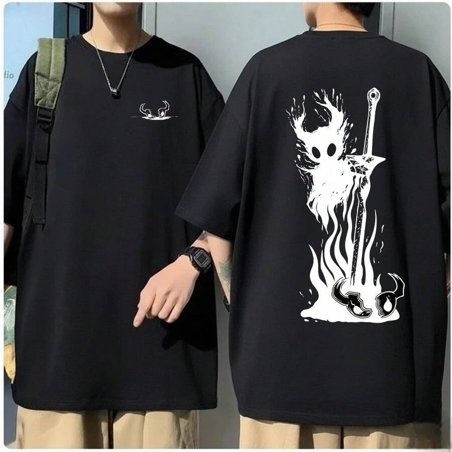 Unisex Hollow Knight Vintage Game T-Shirt, Streetwear Design, Premium Quality, Immediate Shipping - 黑色 - 查看 1