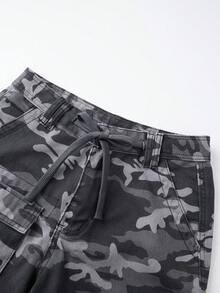 Women Denim Cargo Capris With Multiple Pockets Adjustable Drawstring Camouflage Pattern Cropped Pants - Grey - View 3