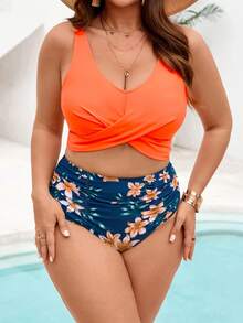 Nuevo traje de baño de bikini de talla grande para mujer con escote en V y lazo, conjunto de bikini de cintura alta de 2 piezas, atuendo de playa con estampado de hojas y flores, estilo bohemio para vacaciones de verano - Naranja - Ver 1