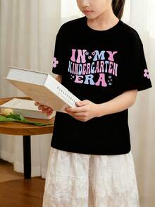 Baby Girls Bow Print Round Neck Short Sleeve Cute Top - Black - View 2