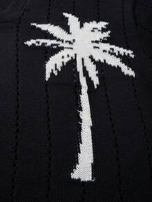 Polo col chemise à demi-patte de boutonnage, motif d'arbre de noix de coco, décontracté pour les vacances et les trajets, blocs de couleurs, mode, confortable, léger, manches courtes, tricot, noir, printemps/été - Noir - Voir 7