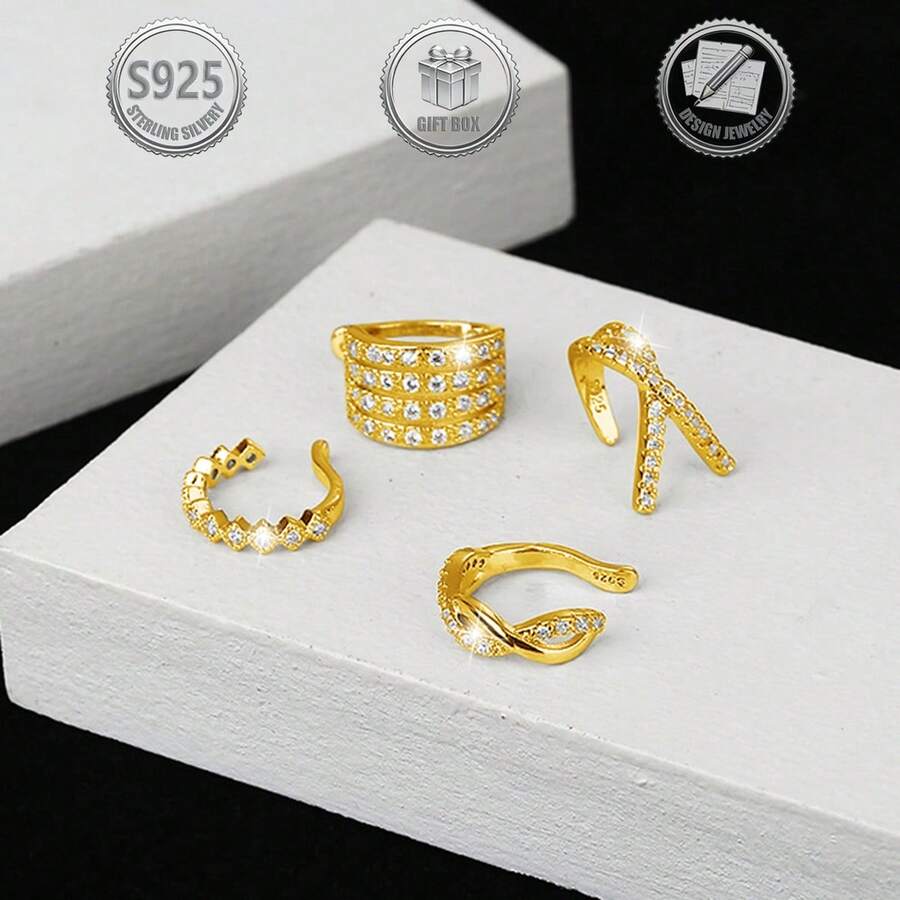 一套优雅时尚的925纯银夹式耳环，适合日常、派对、节日、约会、送礼等场合。 - 金色 - 查看 1