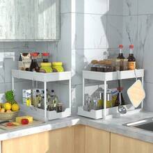 1pc 2-Tier Sliding Sink Organizer Rack With Hooks, Multifunctional Bathroom Kitchen Sink Storage Shelf, Made Of Metal And Plastic - Multicolor - View 6