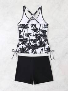 2-Piece/Set Of Palm Tree Print Tankini Swimsuits For Women - A Sexy Sleeveless Vest Style Swimsuit, High Stretch Fabric, Palm Tree Design For Women, Beach And Pool, Beach Swimsuit | Tropical Print | Stretch Fabric - 黑色 - 查看 8