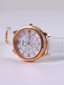 Orient Luxury Rose Gold Crystal Edged Women's Watch, Elegant White Leather Strap Multi-Function Wristwatch With Date Display - White - View 3