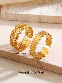 2枚不锈钢镀18K金几何开口戒指，适合女士日常及派对佩戴 - 金色 - 查看 2