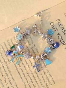 1pc Blue Lucky 8 Ball Charm Bracelet, 1pc Cute Cherry 8 Ball Bracelet, 1pc Adorable Bow & Heart Bracelet, 1pc Cherry Blossom Heart Bracelet - Silver - View 4