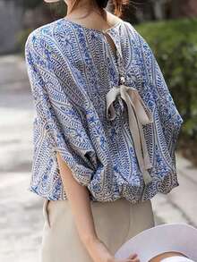 女式夏季花卉印花涤纶衬衫，节日雪纺蝴蝶结无袖衬衫 - 花色 - 查看 1