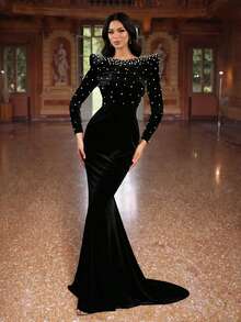 优雅女士黑色丝绒长袖珍珠装饰美人鱼尾长款派对晚礼服婚纱春季 - 黑色 - 查看 1