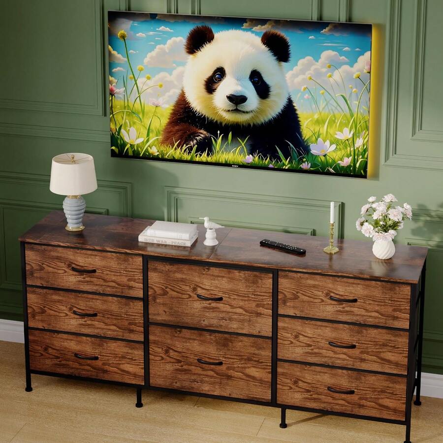 Mueble para TV con 8 Cajones de Tela y Tapete Superior de Madera | Organizador Ancho para Clóset con Estructura Metálica | Ideal para Dormitorio, Sala o Pasillo, Medidas: 160 x 68 x 35 cm - Marrón - Ver 1