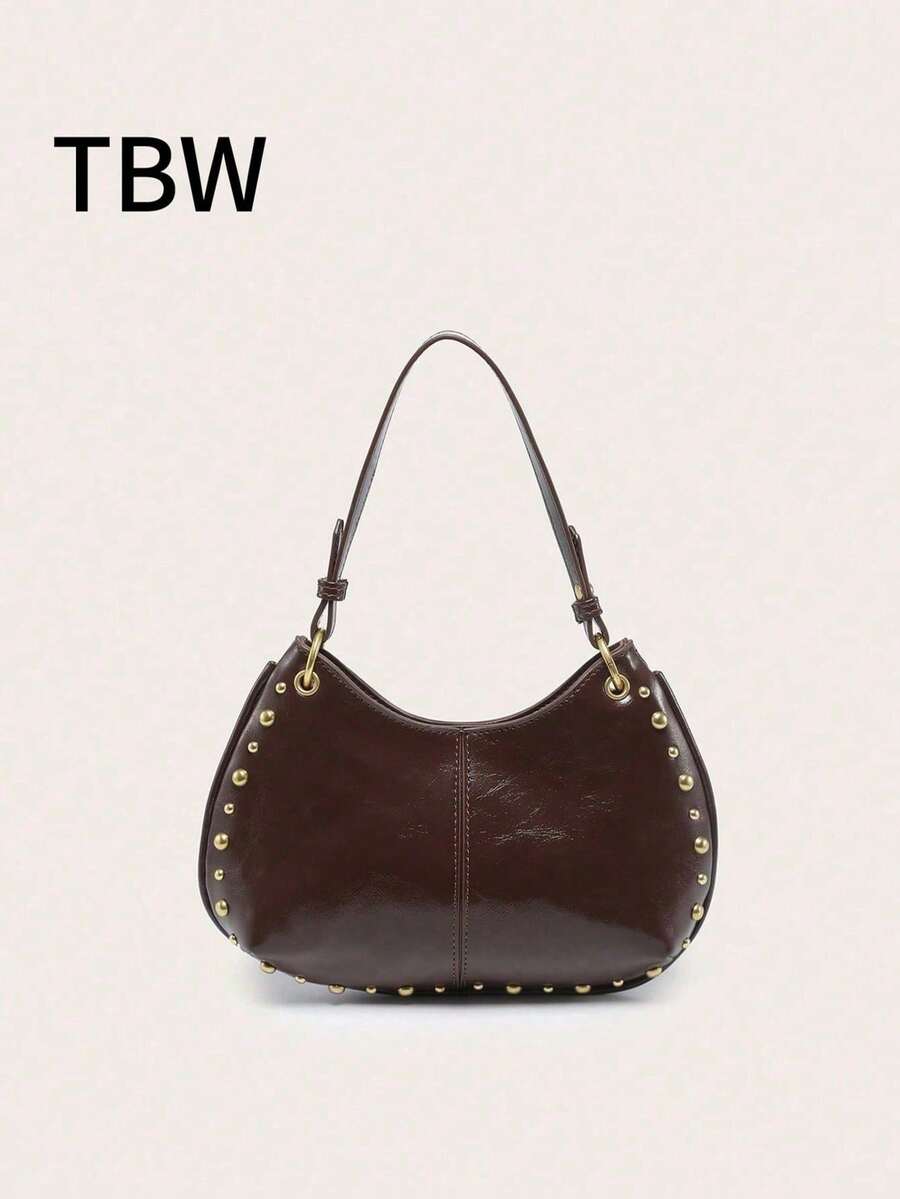 Women's Crescent Moon Shaped Rivet Decor PU Vintage Punk Shoulder Handbag, Suitable For Shopping - Coffee - View 1