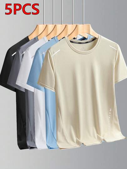 5 peças/Conjunto Camisetas Masculinas de Secagem Rápida, Camisetas Esportivas Finas de Manga Curta Elásticas e Macias para Corrida, Caminhada, Pesca, Verão
