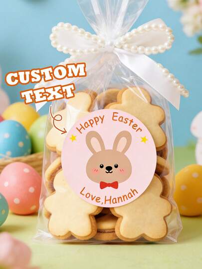 12/24/40 st. Anpassad text rosa kanin påsk runda klistermärken, personliga kawaii kanindesign presentklistermärken, barn påskäggjaktsklistermärken, vårfödelsedagsfesttillbehör, påskdekorationsklistermärken