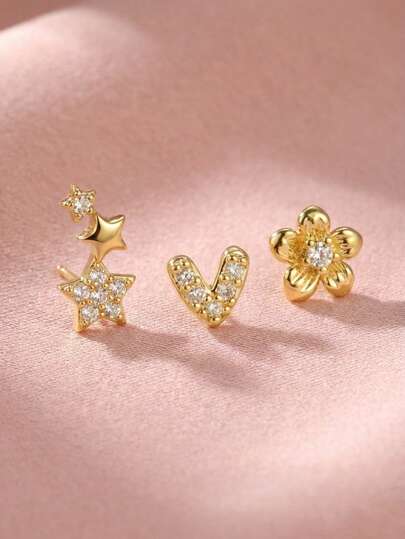 3pcs/Set Fashionable Exquisite Gold Copper Inlaid Zirconia Small Heart Pentagram Five Leaf Flower Decoration Ear Stud Ear Stud Single Ear Stud Stacked Ear Stud Party Decoration Ear Accessory