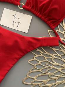 Conjunto de bikini de unicolor para vacaciones de verano en la playa - Rojo - Ver 6