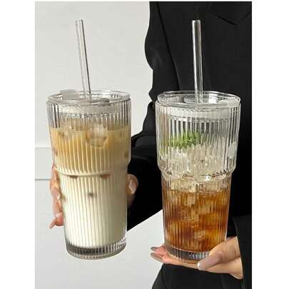 Bộ 1 cốc thủy tinh sọc dọc tối giản, di động, có nắp và ống hút, có thể tái sử dụng, đa chức năng, thích hợp dùng ở nhà/văn phòng/bãi biển/tiệc tùng, uống cà phê, trà, whisky, latte. Món quà lý tưởng cho năm mới/Ngày Valentine/Sinh nhật.