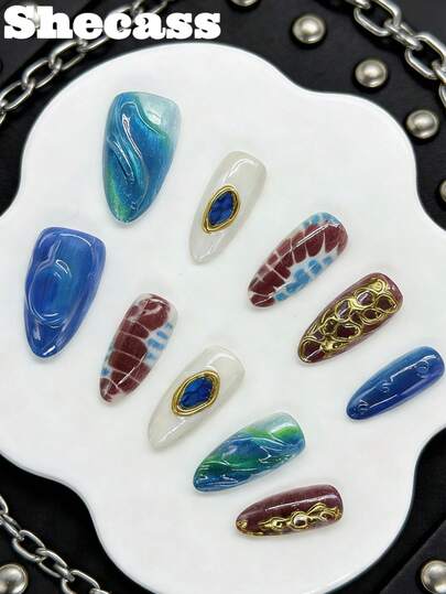 Shecass 10片手工按压式美甲贴片，杏仁形，3D蓝棕色金色镀铬款，附赠3件美甲工具和指甲胶水，秋季美甲用品，适合女性和女孩参加派对、旅行、日常上学、夏季美甲、度假、音乐节等场合。