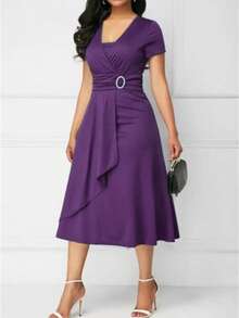 2026 Best Selling Fashionable Temperament Chic Plus Size Asymmetrical Hem V-Neck Dress Party Evening Dress Women's Evening Dress Mini Dress  Elegant    Asymmetrical  Wrap  Ring    Wedding - Màu tím - Xem 2