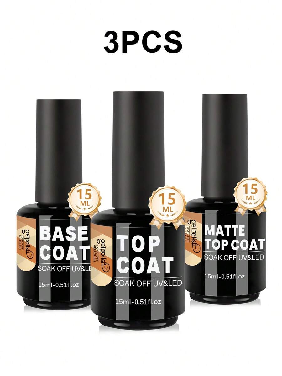 GELPOLISH 3件套，15毫升凝胶底胶、亮面封层、哑光封层，适用于凝胶指甲油，无需擦拭即可获得持久亮泽和哑光效果，在家DIY需使用UV/LED灯