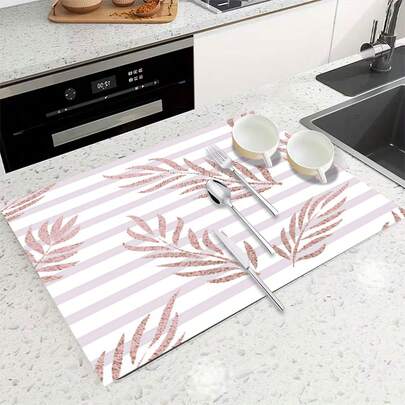 1pc Striped Leaf Pattern Kitchen Countertop Mat, Washing Machine & Dryer Top Protective Pad, Diatomite, Washing Machine Dust Cover, Kitchen Accessories, Anti-Slip, Suitable For Laundry Room, Bathroom, Home Decor And Room Decoration