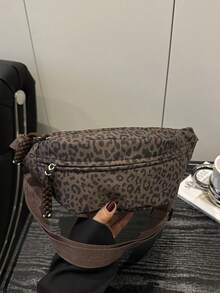 尼龙大容量胸包/腰包，男女通用，适合日常、运动、跑步、旅行、休闲等场合，简约时尚，豹纹设计 - 咖啡棕 - 查看 4