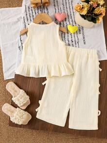 2pcs Baby Girls' Cute Solid Apricot Cardigan Vest + Pants Set, Minimalist - Apricot - View 2